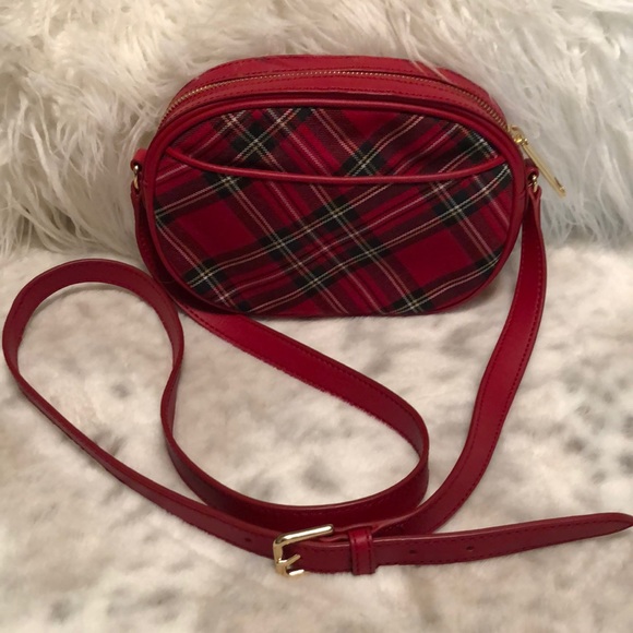Talbots red plaid Leather and fabric crossbody bag - Picture 1 of 8